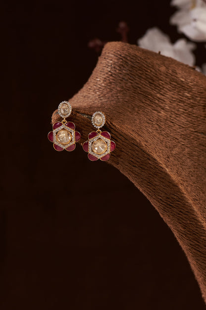 Gold Finish Moissanite Polki & Ruby Synthetic Stones Dangler Earrings In Sterling Silver