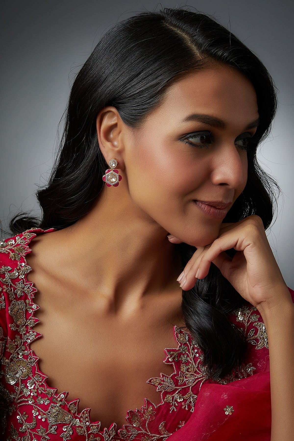 Gold Finish Moissanite Polki & Ruby Synthetic Stones Dangler Earrings In Sterling Silver