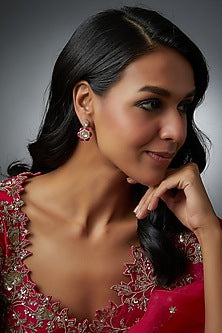 Gold Finish Moissanite Polki & Ruby Synthetic Stones Dangler Earrings In Sterling Silver