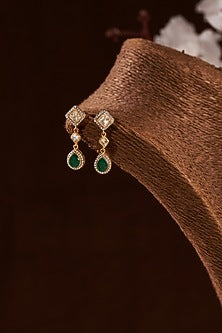 Gold Finish Moissanite Polki & Emerald Synthetic Stone Dangler Earrings In Sterling Silver