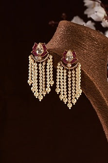 Gold Finish Moissanite Polki & Ruby Synthetic Stones Dangler Earrings In Sterling Silver