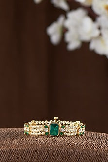Gold Finish Green Moissanite Polki & Pearl Bracelet In Sterling Silver