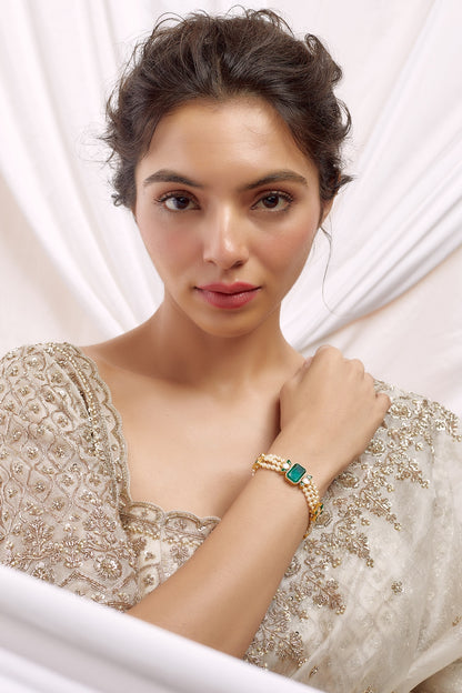 Gold Finish Green Moissanite Polki & Pearl Bracelet In Sterling Silver