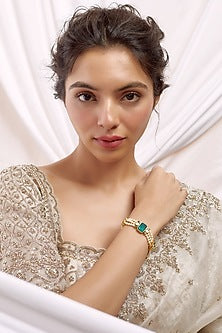 Gold Finish Green Moissanite Polki & Pearl Bracelet In Sterling Silver
