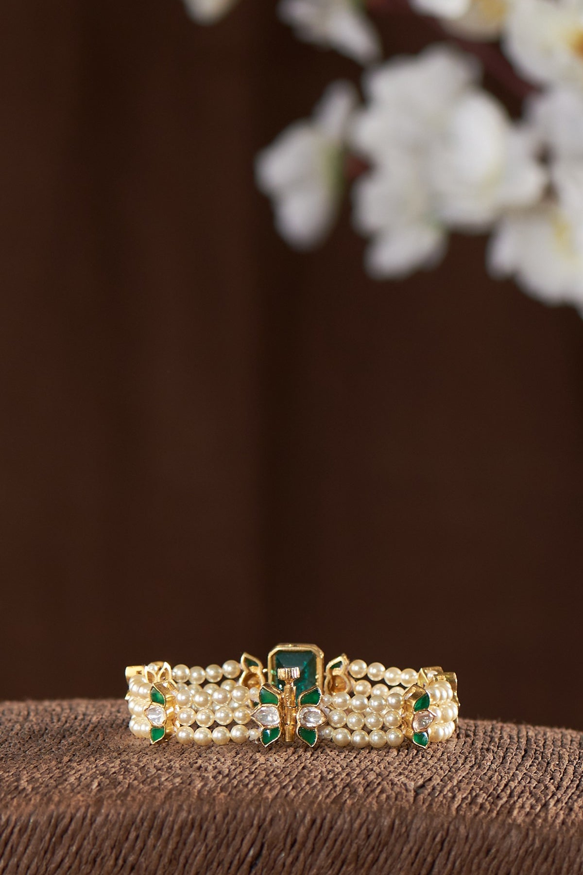 Gold Finish Green Moissanite Polki & Pearl Bracelet In Sterling Silver