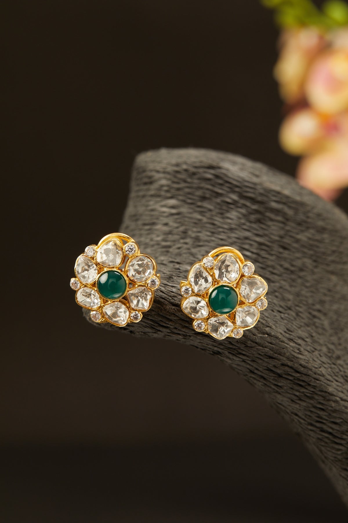 Gold Finish Moissanite & Emerald Synthetic Stone Stud Earrings In Sterling Silver