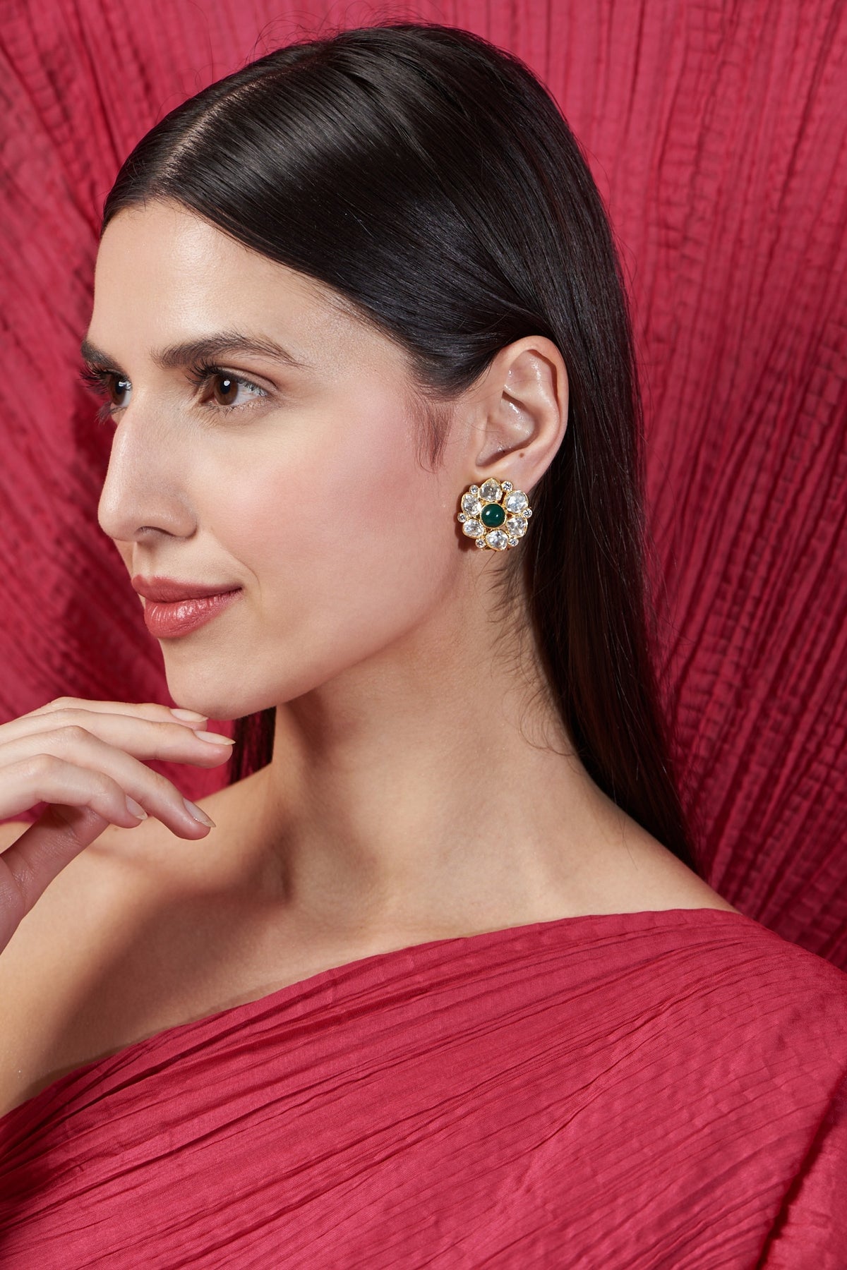 Gold Finish Moissanite & Emerald Synthetic Stone Stud Earrings In Sterling Silver