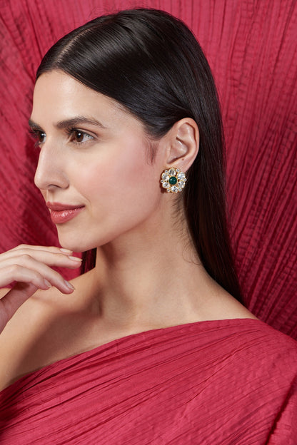 Gold Finish Moissanite & Emerald Synthetic Stone Stud Earrings In Sterling Silver