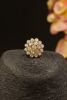 Gold Finish Moissanite Kundan Polki Ring In Sterling Silver