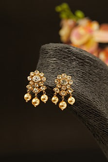 Gold Finish Moissanite Kundan Polki Stud Earrings In Sterling Silver