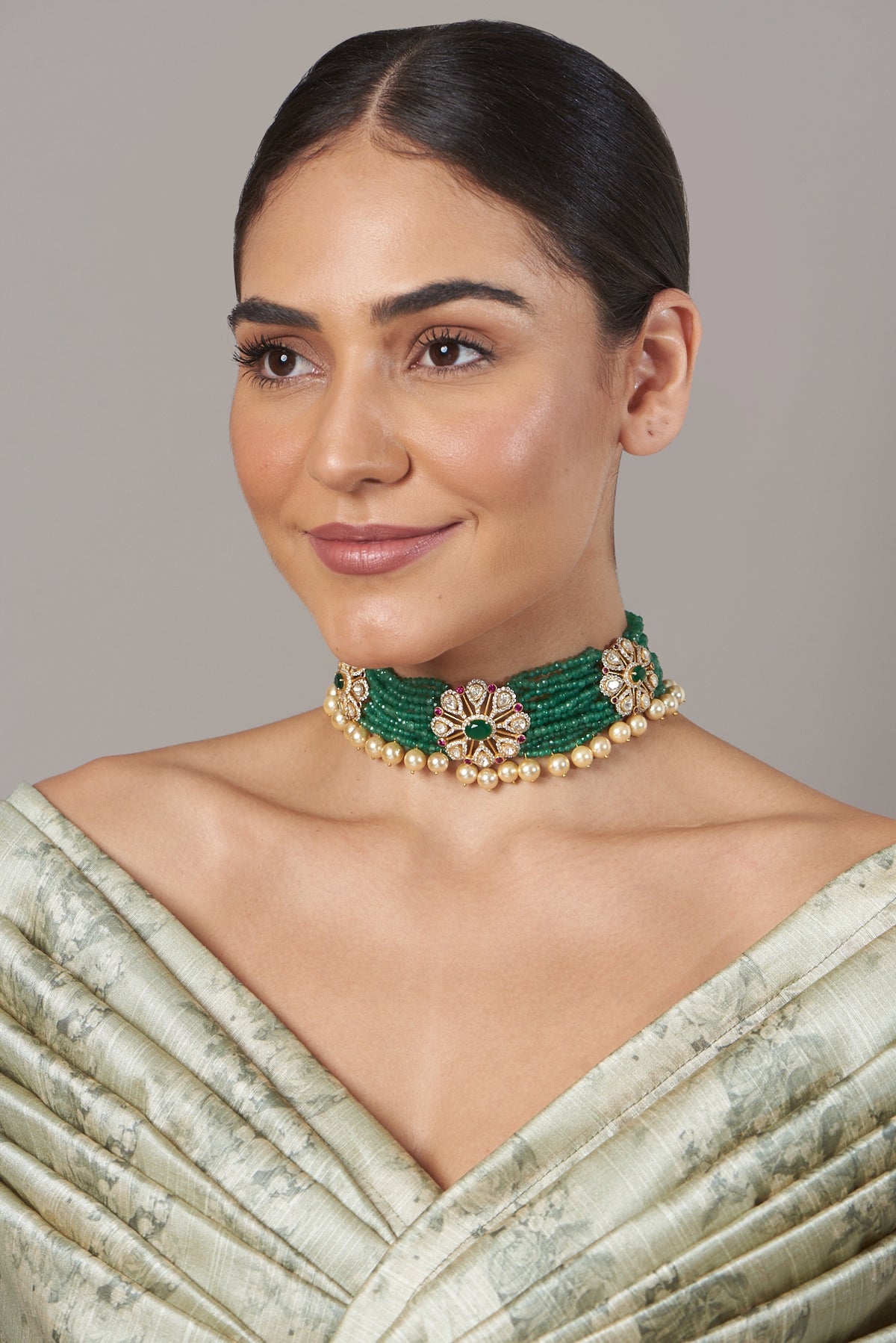 Gold Finish Beaded Choker Necklace In Sterling Silver