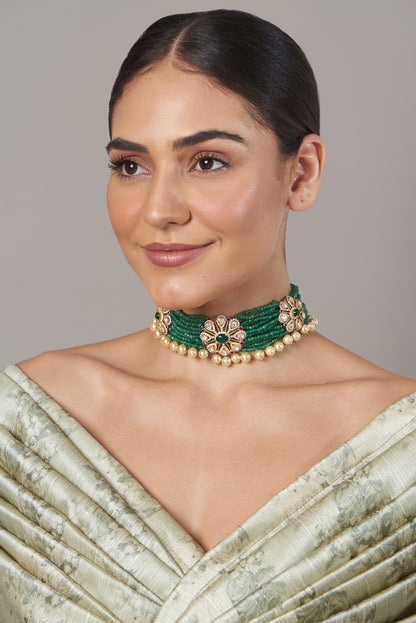 Gold Finish Beaded Choker Necklace In Sterling Silver