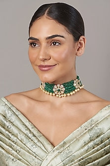Gold Finish Beaded Choker Necklace In Sterling Silver