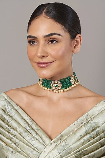 Gold Finish Beaded Choker Necklace In Sterling Silver