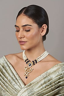 Gold Finish Beaded Choker Necklace In Sterling Silver