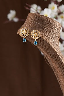 Gold Finish Moissanite Polki & Blue Stone Stud Earrings In Sterling Silver