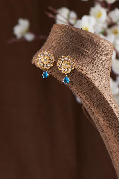 Gold Finish Moissanite Polki & Blue Stone Stud Earrings In Sterling Silver