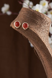 Gold Finish Moissanite Polki & Red Stone Stud Earrings In Sterling Silver