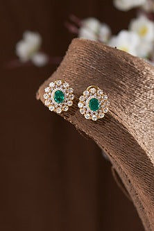 Gold Finish Moissanite Polki & Green Stone Stud Earrings In Sterling Silver