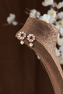 Gold Finish Moissanite Polki Stud Earrings In Sterling Silver