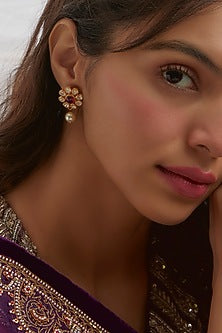Gold Finish Moissanite Polki Stud Earrings In Sterling Silver