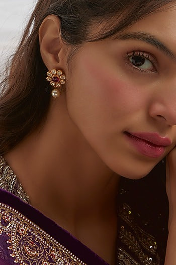 Gold Finish Moissanite Polki Stud Earrings In Sterling Silver