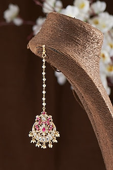 Gold Finish Moissanite Polki Maang Tikka In Sterling Silver