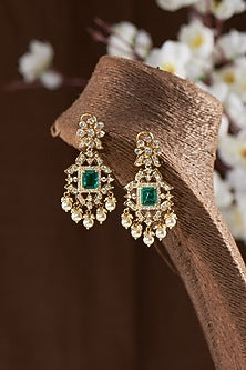 Gold Finish Moissanite Polki & Green Stone Dangler Earrings In Sterling Silver
