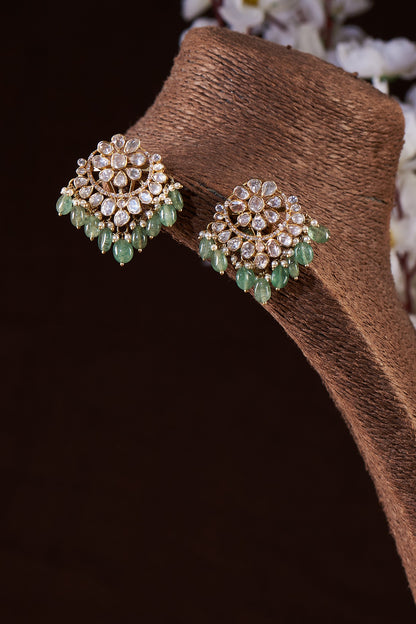 Gold Finish Moissanite Polki Stud Earrings In Sterling Silver
