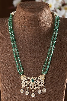 Gold Finish Moissanite Polki & Green Stone Long Necklace In Sterling Silver