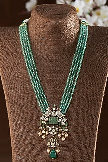 Two Tone Finish Moissanite Polki & Green Stone Long Necklace In Sterling Silver