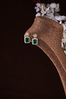 Gold Finish Moissanite Polki & Synthetic Emerald Stud Earrings In Sterling Silver