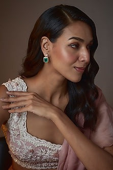 Gold Finish Moissanite Polki & Synthetic Emerald Stud Earrings In Sterling Silver