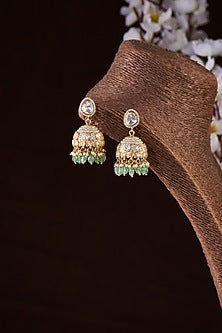 Gold Finish Moissanite Polki & Synthetic Emerald Jhumka Earrings In Sterling Silver