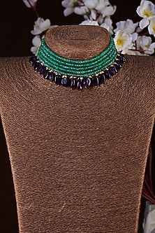 Gold Finish Moissanite Polki & Purple Beads Choker Necklace In Sterling Silver