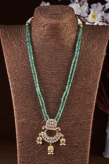 Gold Finish Moissanite Polki & Green Stone Long Necklace In Sterling Silver