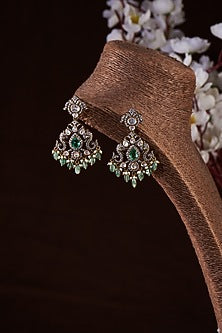 Gold Finish Moissanite Polki & Synthetic Emerald Dangler Earrings In Sterling Silver