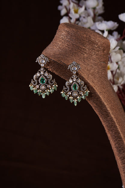 Gold Finish Moissanite Polki & Synthetic Emerald Stud Earrings In Sterling Silver