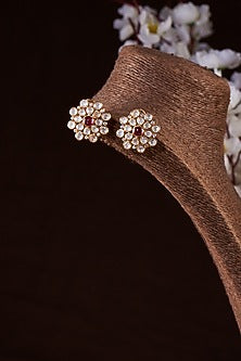 Gold Finish Moissanite Polki & Synthetic Ruby Stud Earrings In Sterling Silver