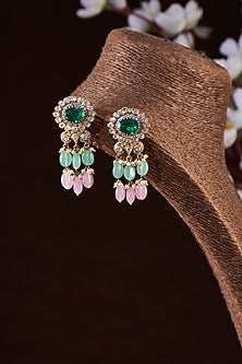 Gold Finish Moissanite Polki & Green Stone Dangler Earrings In Sterling Silver