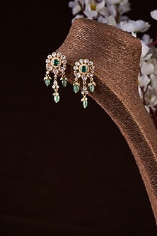 Gold Finish Moissanite Polki & Green Stone Dangler Earrings In Sterling Silver