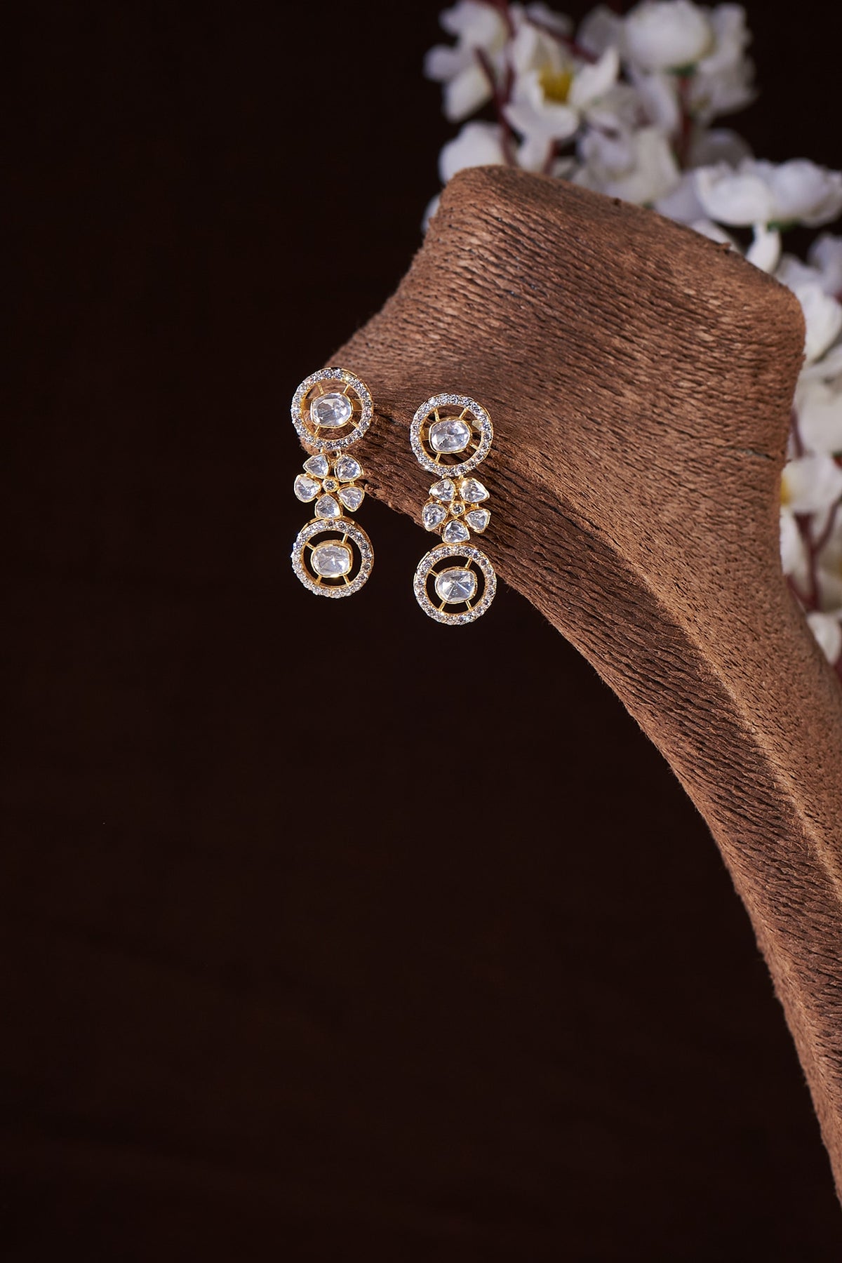 Gold Finish Moissanite Polki Dangler Earrings In Sterling Silver