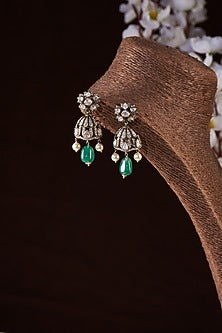 Gold Finish Moissanite Polki & Green Stone Dangler Earrings In Sterling Silver