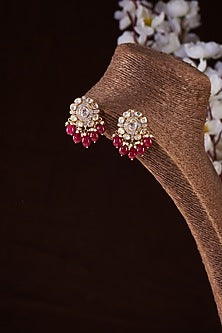 Gold Finish Moissanite Polki & Red Stone Stud Earrings In Sterling Silver