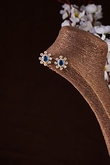 Gold Finish Moissanite Polki & Blue Stone Stud Earrings In Sterling Silver