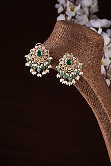 Gold Finish Moissanite Polki & Green Stone Dangler Earrings In Sterling Silver
