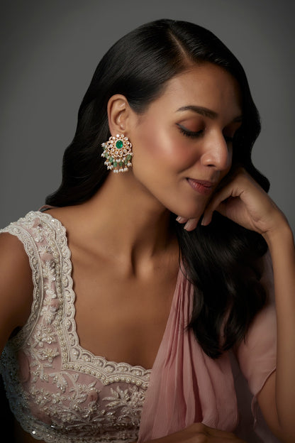 Gold Finish Moissanite Polki & Green Stone Dangler Earrings In Sterling Silver