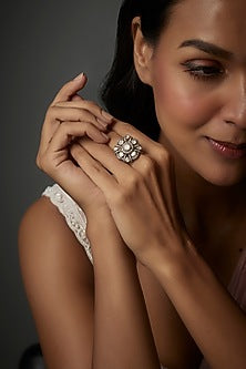 Black Rhodium Finish Moissanite Polki Ring In Sterling Silver