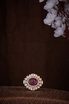 Gold Finish Moissanite Polki & Red Stone Ring In Sterling Silver