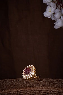 Gold Finish Moissanite Polki & Red Stone Ring In Sterling Silver